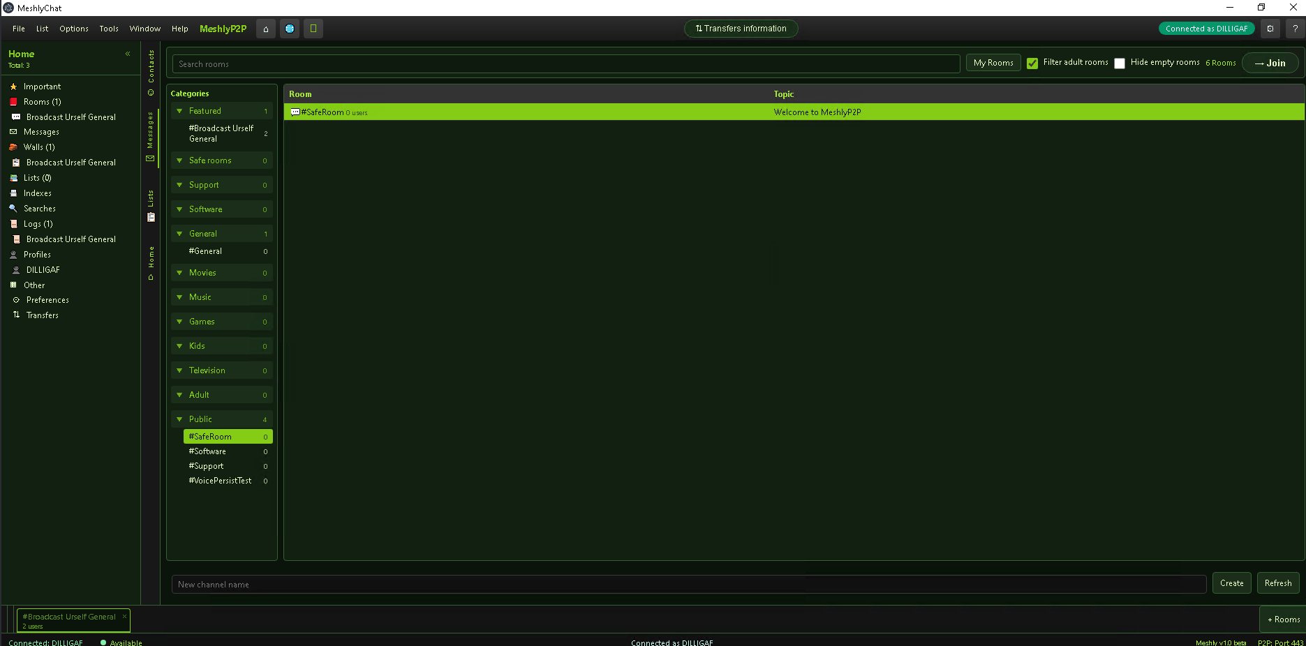 Channel directory with categories and room browser